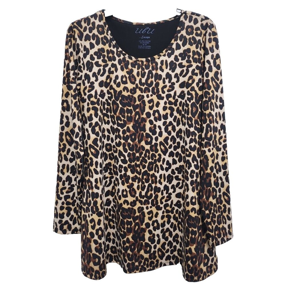 Ubu Escape Womens Wearable Art Tunic Top Medium‎ Brown Leopard Print Long Sleeve